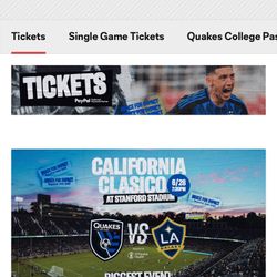 2 Tickets+parking Pass Soccer San Jose Earthquakes Game TONIGHT