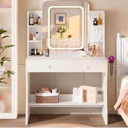 Small Makeup Vanity With Power Outlet, And Hairdryer Rack 