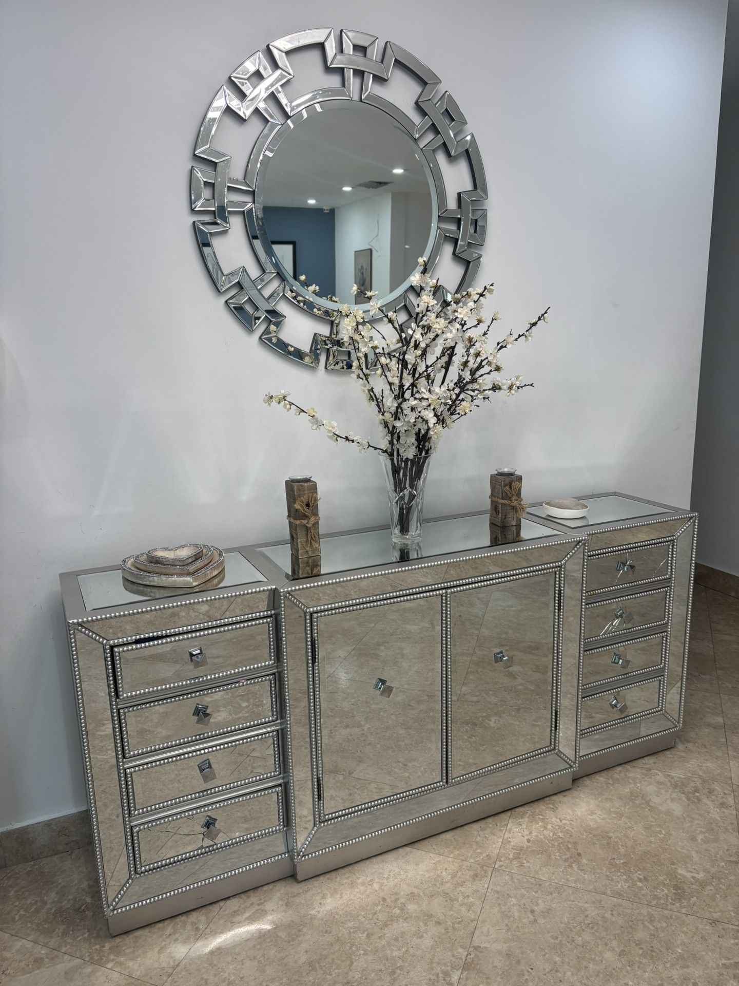 Elegant Mirror Entryway Cabinet With Drawers. 