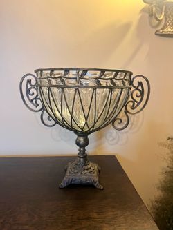Vintage Bubble Caged Glass Footed Urn Bowl Wrought Iron