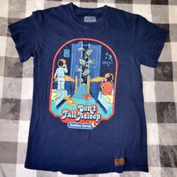 Steven Rhodes Bedtime Stories Don't Fall Asleep T-Shirt Size S Navy Blue Flaws*