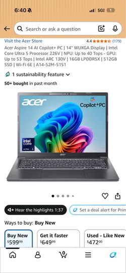Acer Aspire 14 AI Laptop - Intel Core Ultra 5 226V, 16GB RAM, 512GB SSD