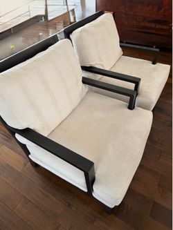 Pair of Modern Accent Chairs - Sleek Black Frame & Off-White Cushions