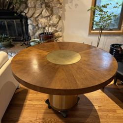 Vintage Round Dining Table With Brass Accents 
