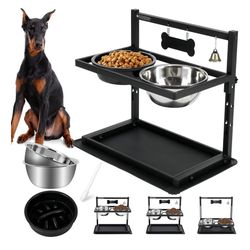 Elevated Dog Bowls with Slow Feeder for Large Dogs – Adjustable Raised Stand with 2 Stainless Steel Bowls & Dog Feeder for Large & Medium Dogs (Black)