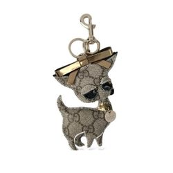 GUCCI CAT KEYCHAIN CHARM GG CANVAS LEATHER GOLD TONE AUTHENTIC 🐱✨