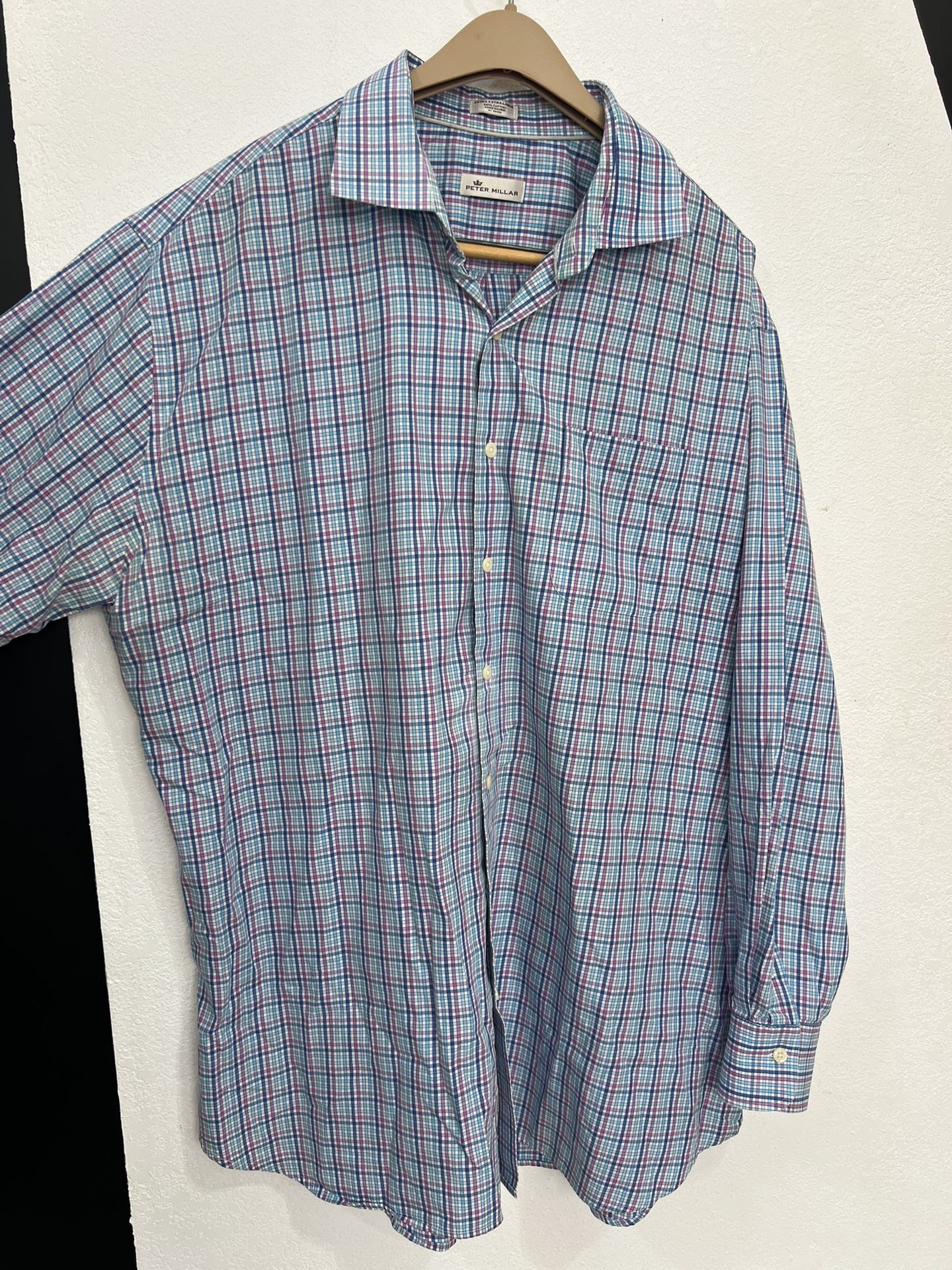 Peter Millar Summer Comfort Button Up Shirt Men 2XL Pastel Plaid Short Sleeve