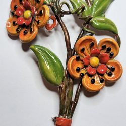 Vintage Sterling Silver/Enamel Flower Brooch, 3"