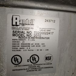Randell. 2010 Commecial Single Door Refrigerator 