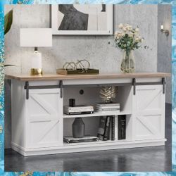 White 58" TV Stand With Shelves and Sliding Doors. New, Unassembled In Box.