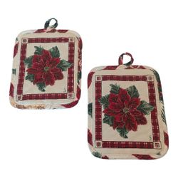 Vintage Pair Winter Christmas Poinsettia Quilted Potholders Pot Holders