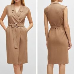 Boss NWT Belted Sleeveless Collared Tan Beige Linen Blend Mini Wrap Dress size 2

