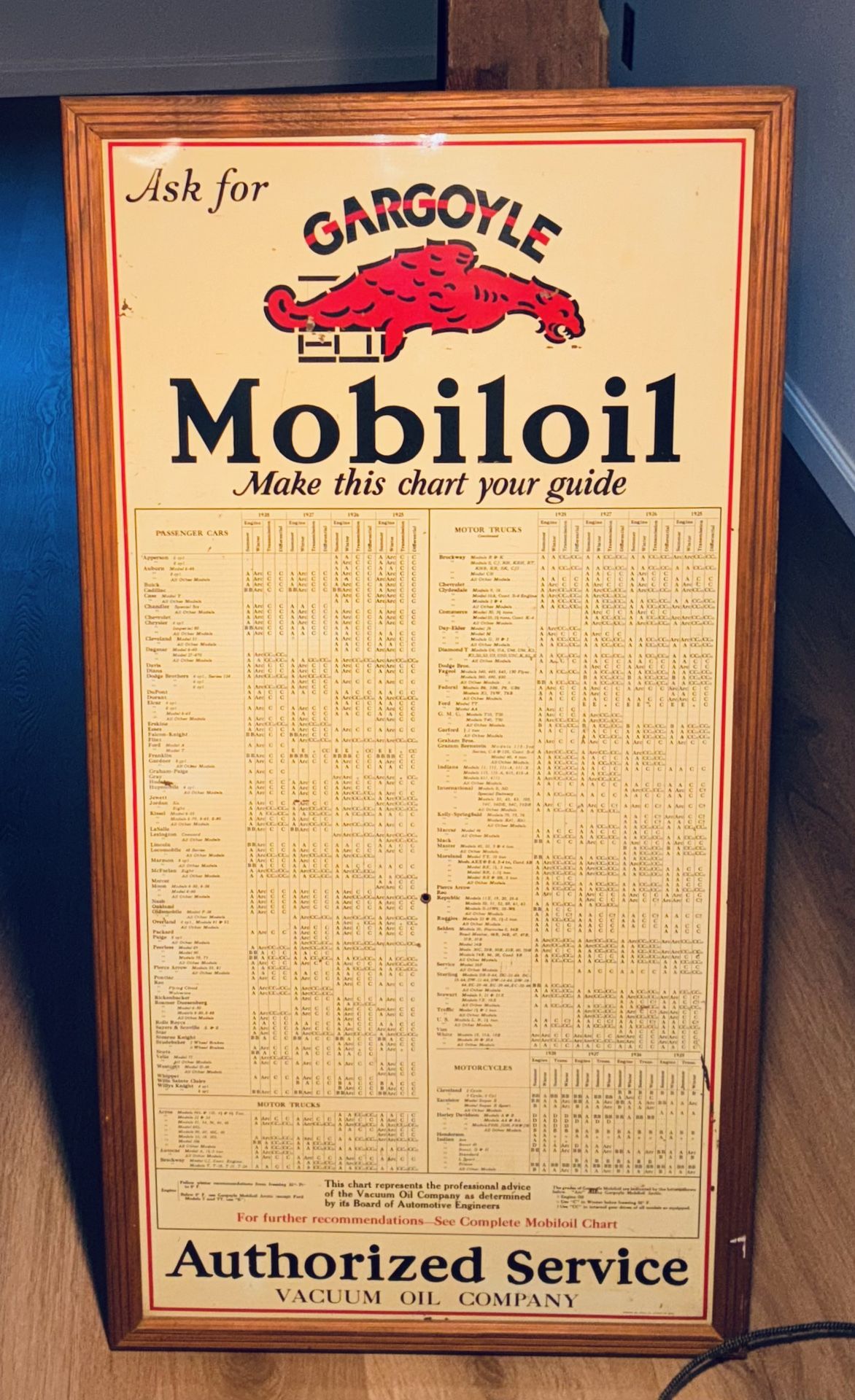 Rare Metal Sign: 1920's Gargoyle Mobileoil Oil Grade Seasons Chart