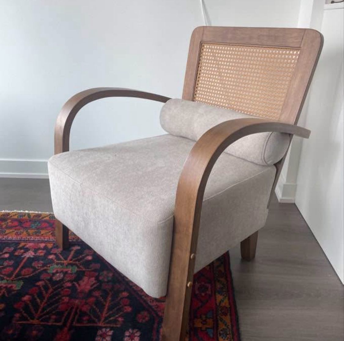 New Japandi Scandinavian Boho Sage Grey and Walnut Brown Armchair