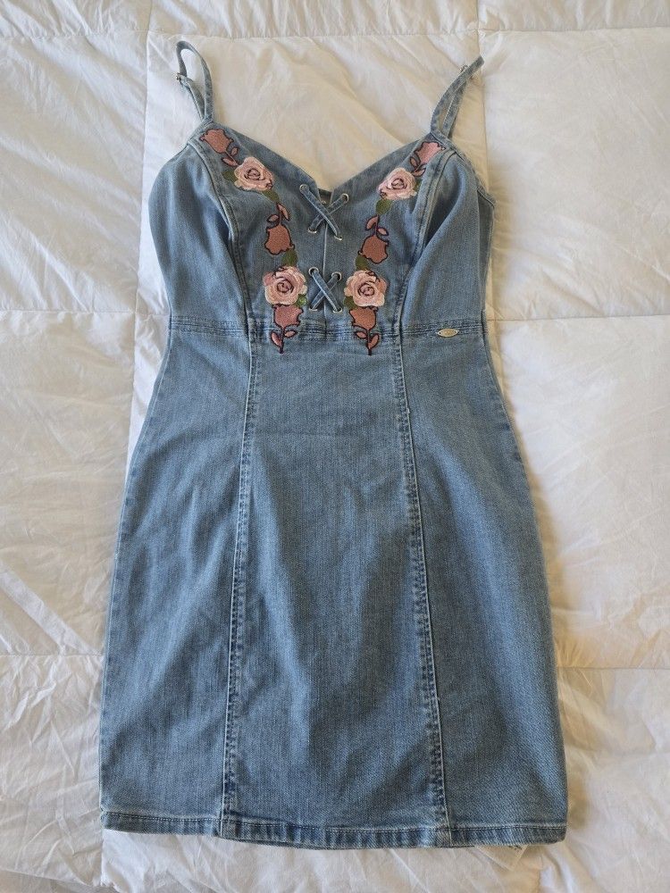 Guess Denim Lace-Up Floral Embroidered Mini Dress XS