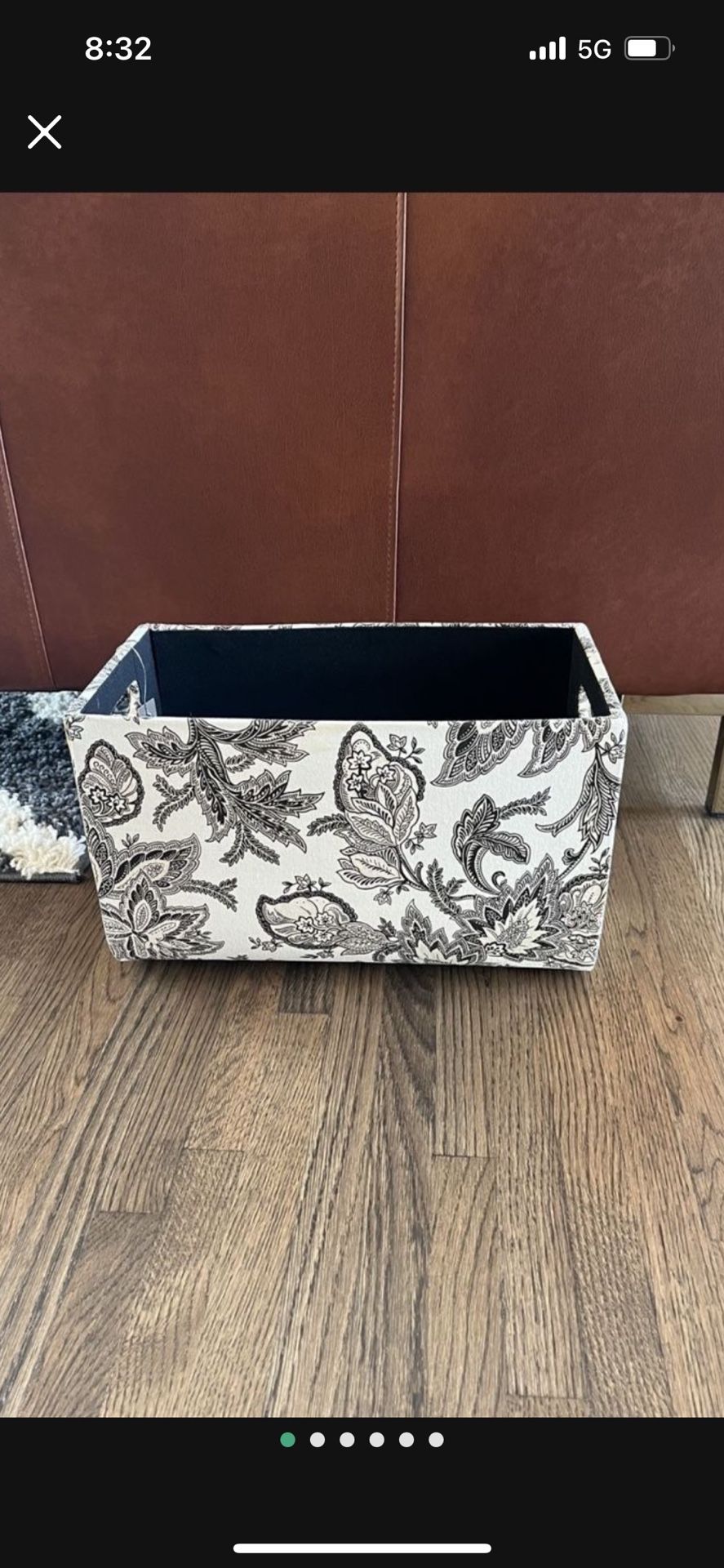 NEW WHITE & BLACK FLORAL PAISLEY CLOTH-COVERED STORAGE TOTE BLANKET BOX MAGAZINE RACK HOME ORGANIZATION BIN NWT