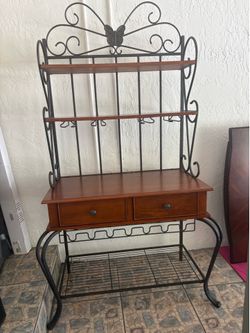 Rustic Wood & Metal Bakers Rack / Wine Bar Storage Shelf