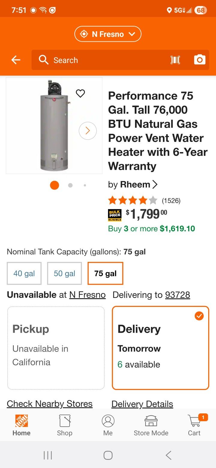 Rheem Water Heater 75 Gallons