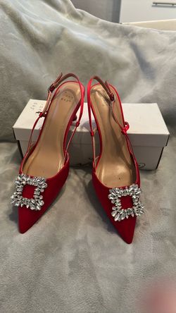 Red Satin Slingback Heels with Crystal Buckle