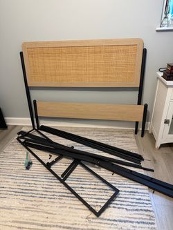 Rattan Cane Headboard with Black Metal full size  Bed Frame