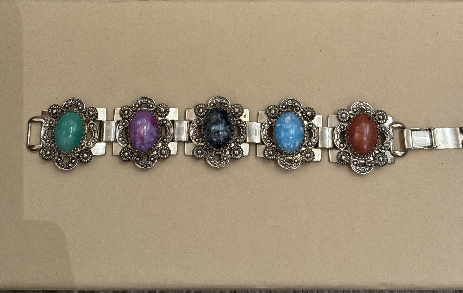 Vintage natural stone cabochon link bracelet. silver By Marino 