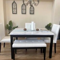 ✅️✅️ 5 pc dark finish wood faux marble top  rectangular dining table set with bench ✅️✅️