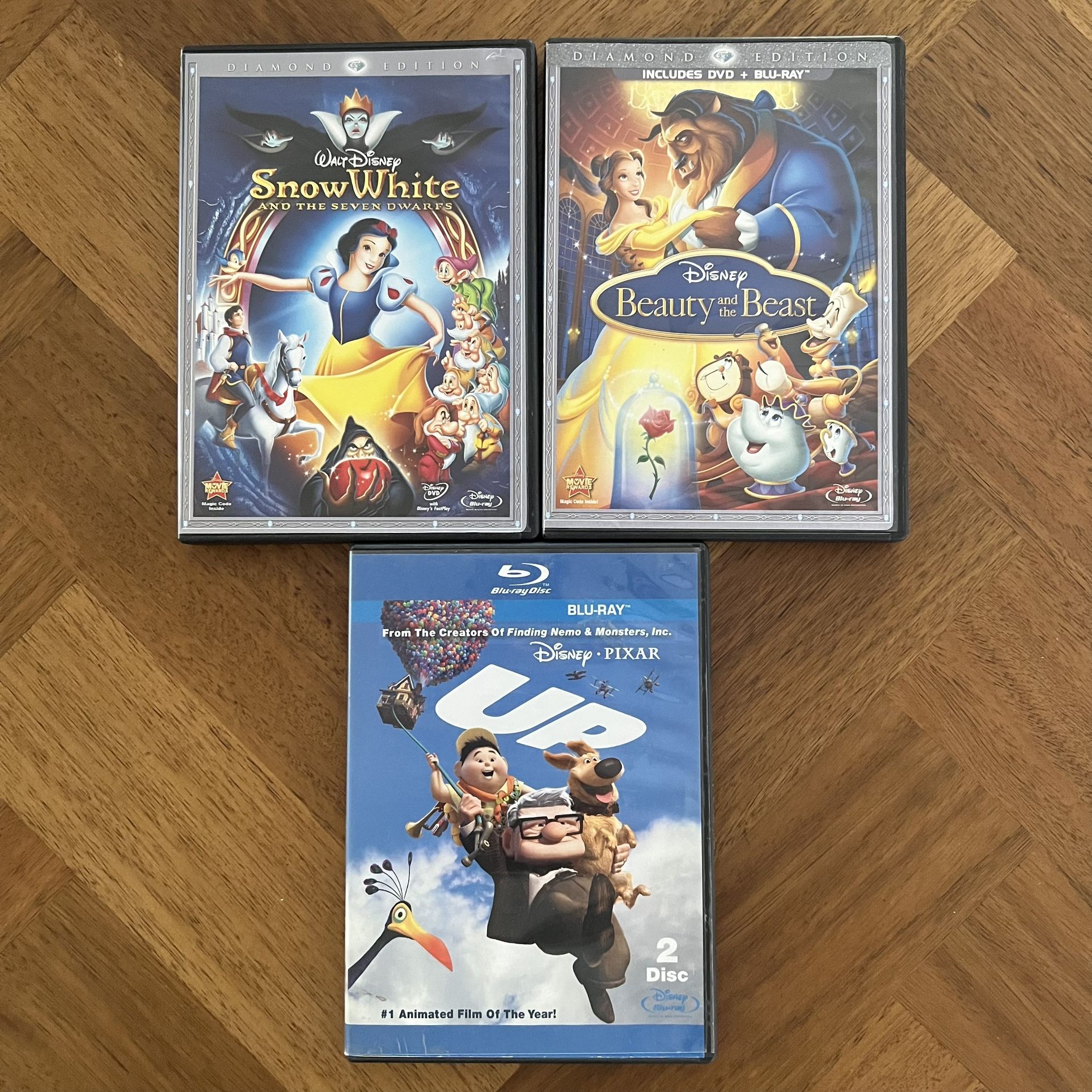 Lot of 3 Disney Pixar Beauty and the Beast, Snow White & Up Children’s Blu-ray DVD Movies