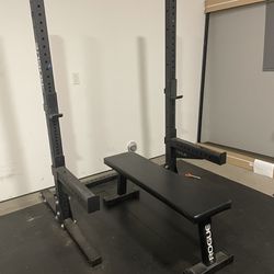 SML-1 Rogue 70” Squat Rack With Flat Bench And Safety Spotter Arms. J Hooks Included.