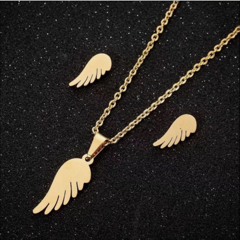 Stainless Steel Gold Plated Angel Wing Earrings, Necklace Set, With Roll Chain