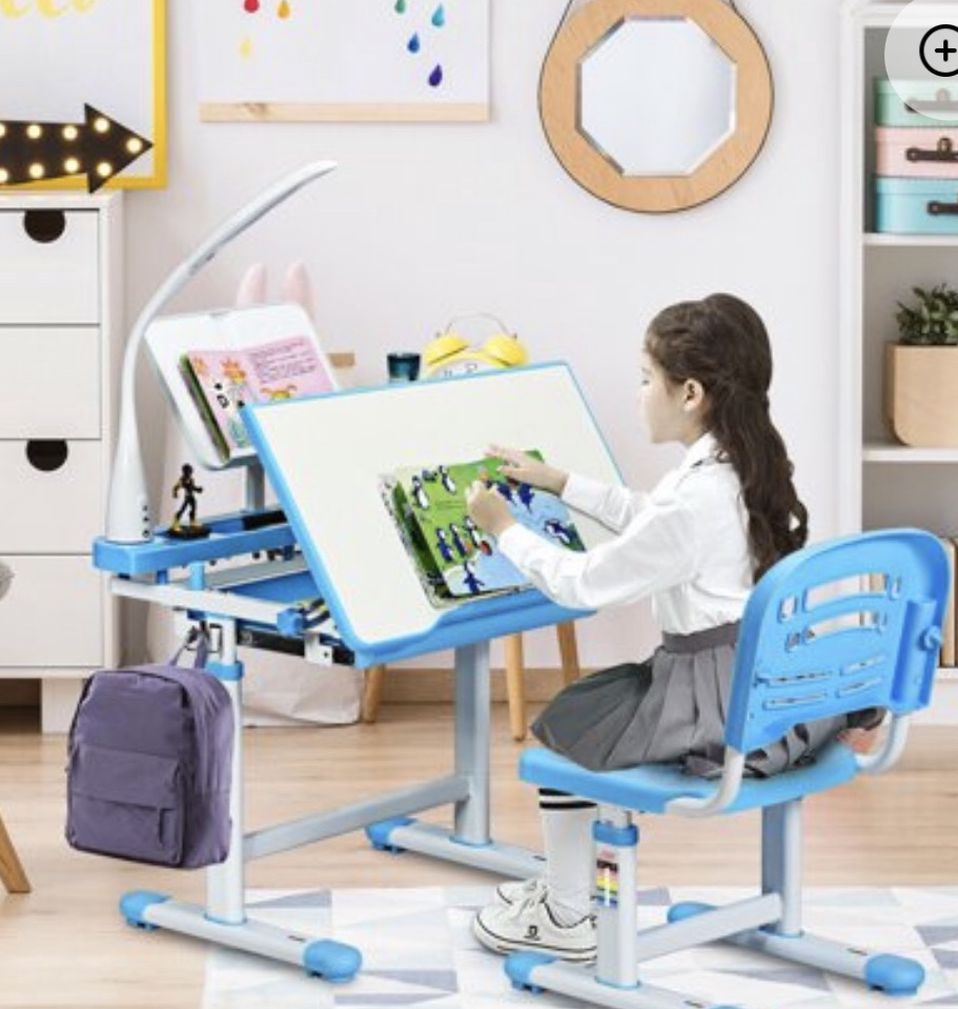 Adjustable Kids Desk Chair Set with Lamp and Bookstand