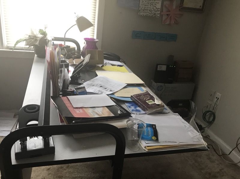 Office desk, chair and file cabinet