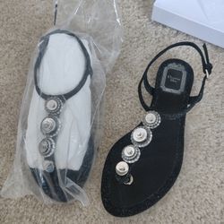 Brand New Christian Dior Black Embellish Flat Sandals Size 36