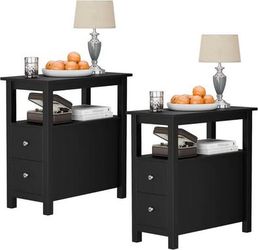 New Set of 2 End Table/Nightstands w/ Drawers, 2 Tiers Storage Shelf, Black or Brown