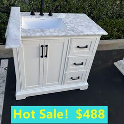 36”white single sink bathroom vanity with carrara white marble stone top
