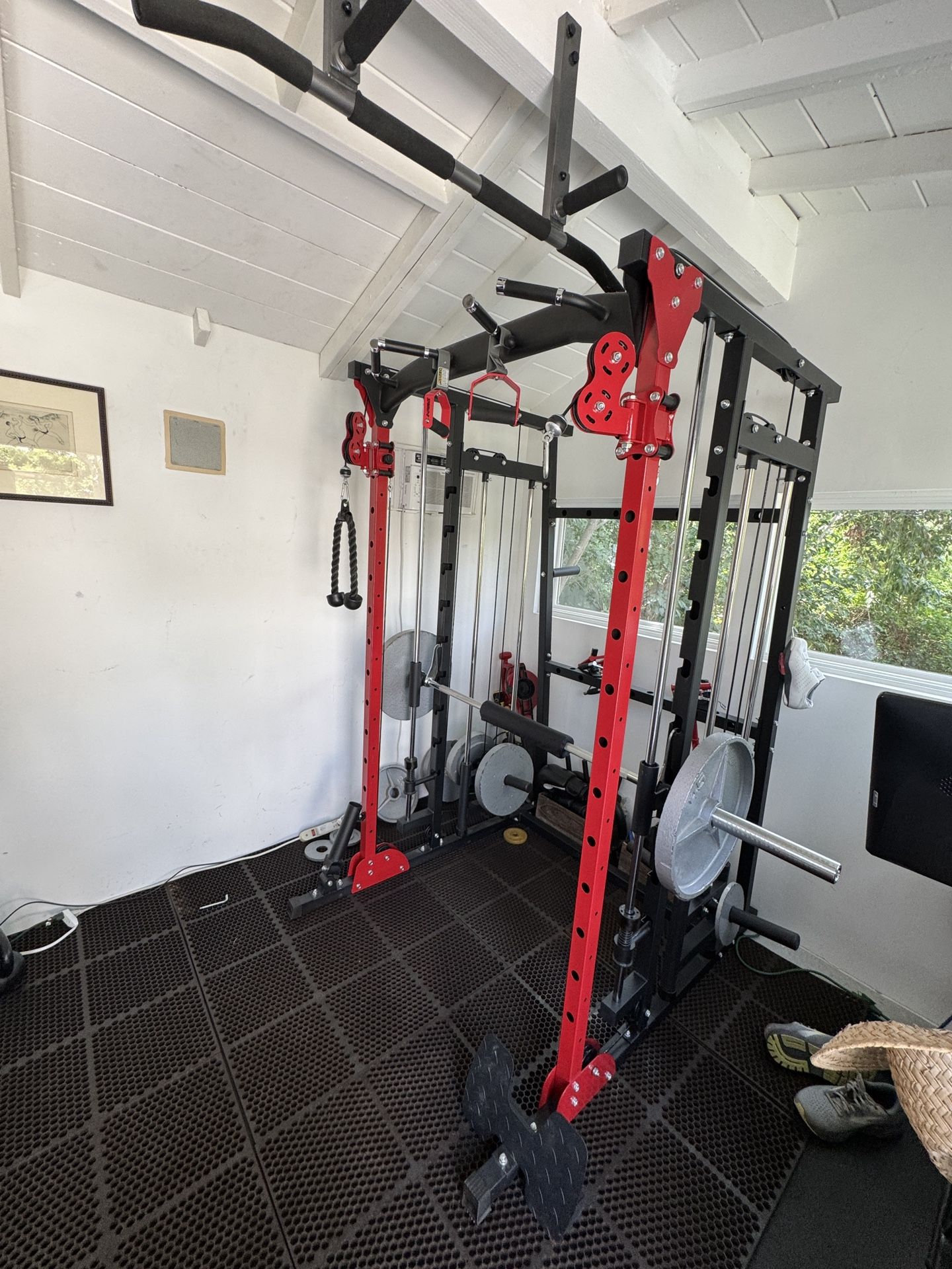 Smith Machine Workout Cage, Cables With Weights