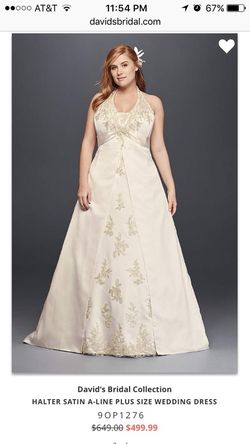 Ivory david's bridal sleeveless halter satin beaded floral a-line plus size 18 wedding gown