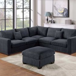 4-Piece Sectional Set
LAF Loveseat + RAF Loveseat + Corner Wedge + Cocktail Ottoman

Color: Black
 🔹️ Juegos De Sofas Color Negro 
