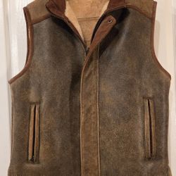 The Territory Ahead Sherpa-Lined Brown Distressed Leather Zip-Front Vest LARGE