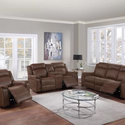 Brand New Brown Leather 3pc Reclining Sofa Set 