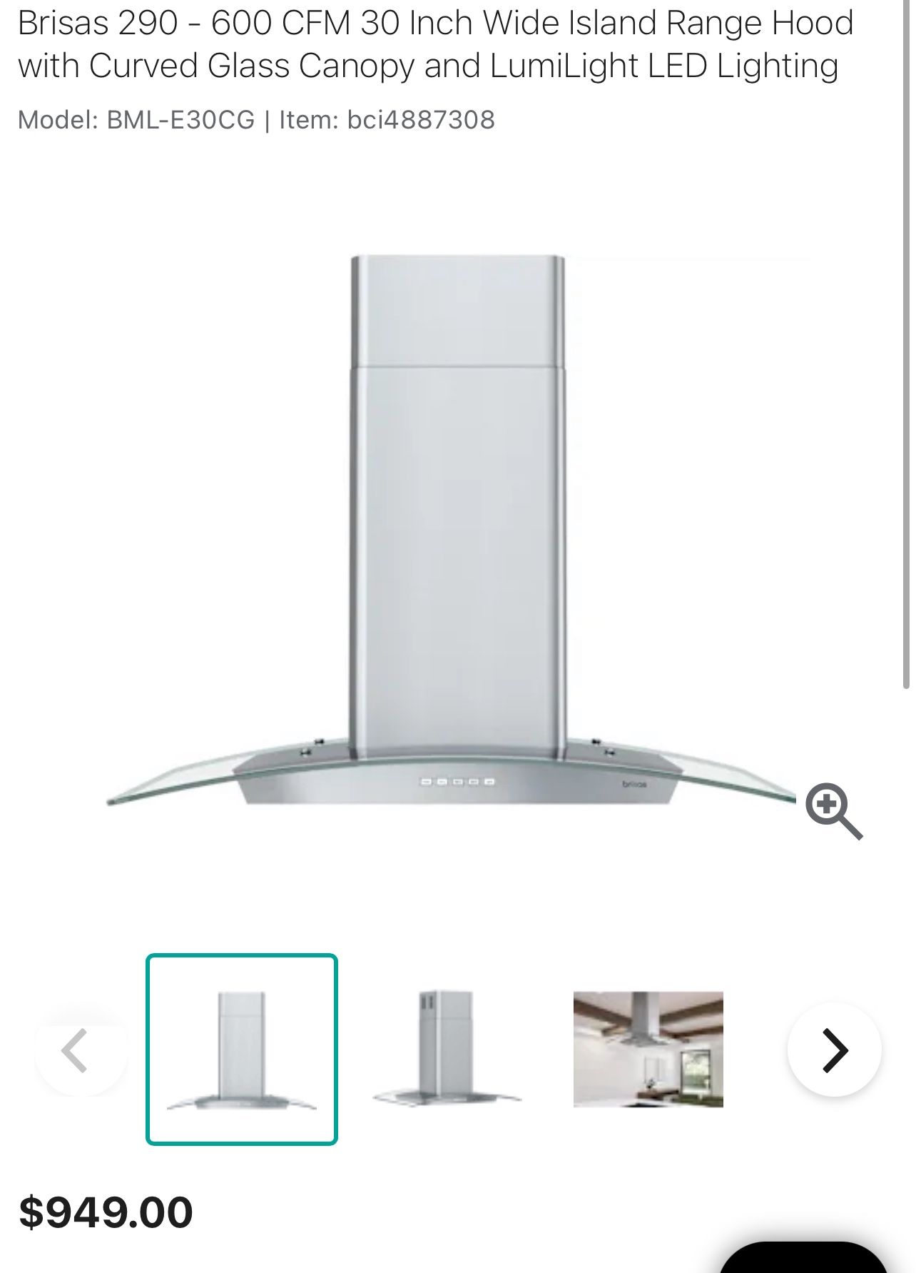 30 Inch Wide Island Range Hood with Curved Glass Canopy