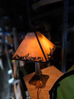 Vintage Slag Glass Table Lamp with Metal Filigree
