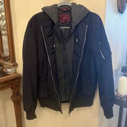 ZARA Men Navy 2-1 Bomber Jacket with Gray Hoodie Insert Size Large