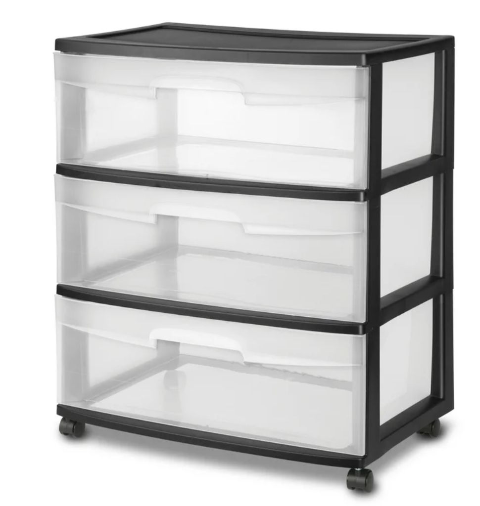 Sterilite Wide 3 Drawer Cart, Clear Plastic Storage Drawers, Wheels Included, Black