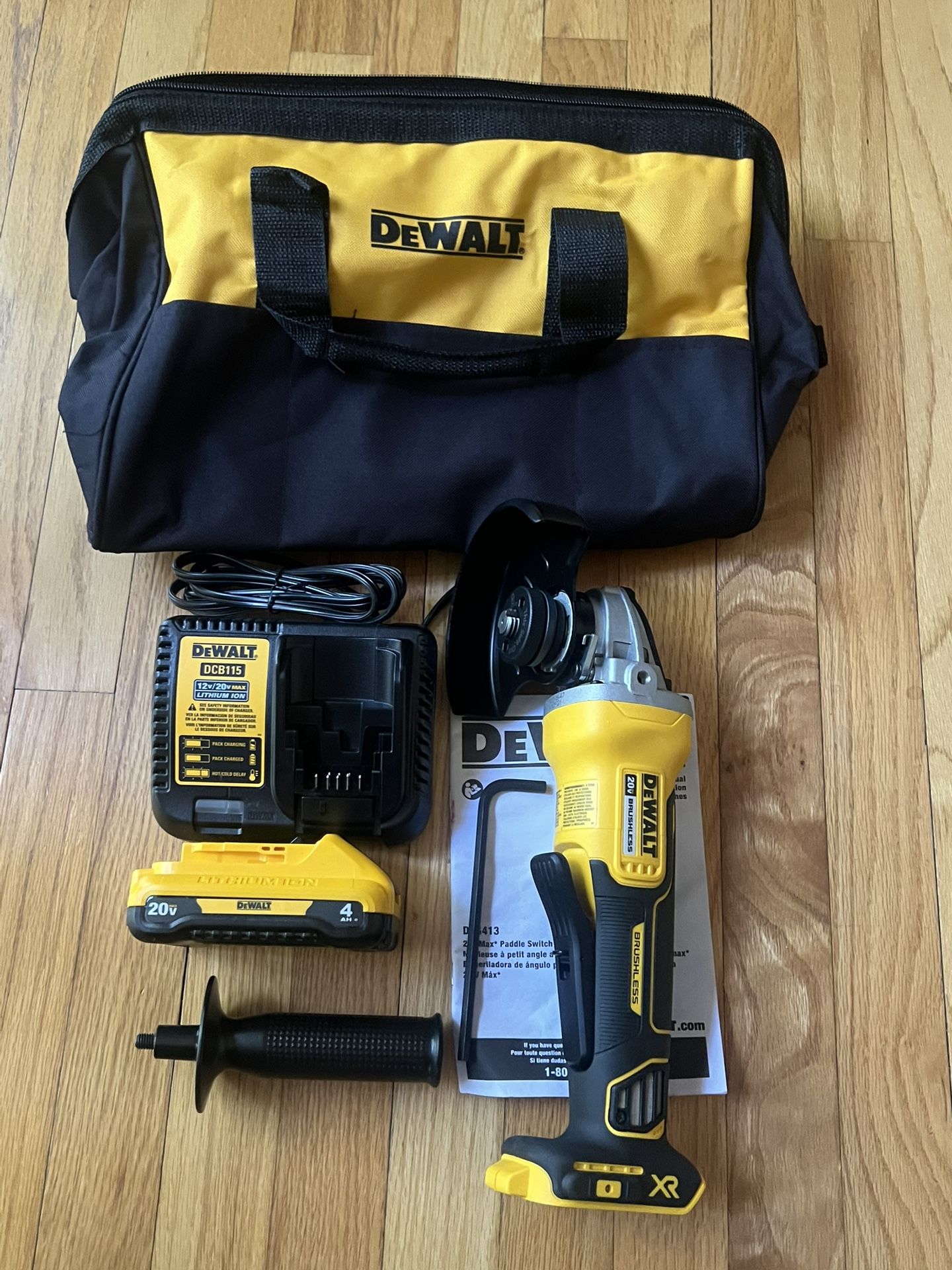 Dewalt 20V DCG413 XR Brushless Grinder 4-1/2” With Quick Stop Kit With Battery, Charger Tool bag