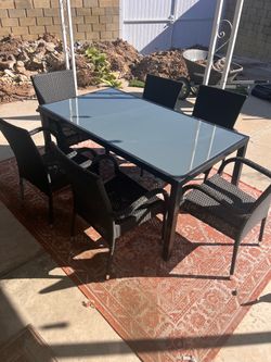 7-Piece Outdoor Patio Dining Set – Glass Table + 6 Wicker Chairs