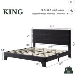 King Platform Bed Frame with Velvet Upholstered Headboard - Black