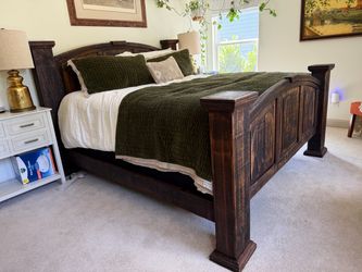 King Size Rustic Solid Wood Panel Bed – Dark Distressed Finish