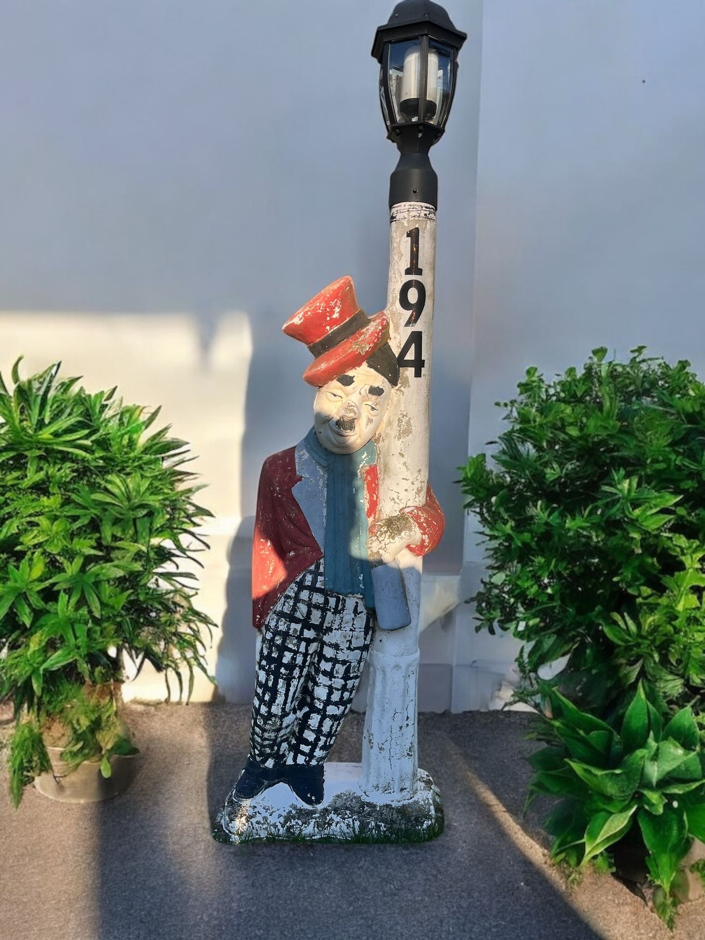 Vintage Charlie Chaplin Concrete Outdoor Lamp Post Light Statue Sculpture 67"