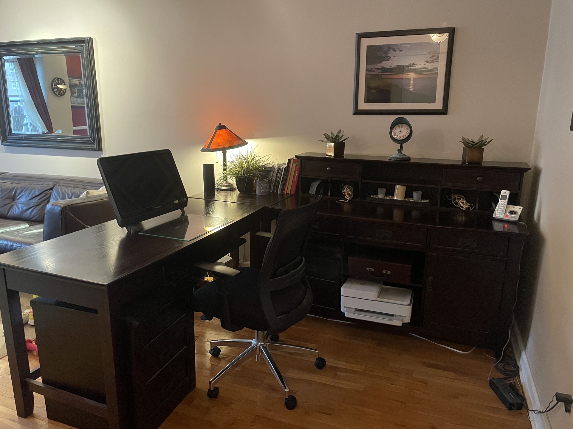 Raymour & Flanigan Dark Brown L-Shaped Wooden Desk & File Cabinet