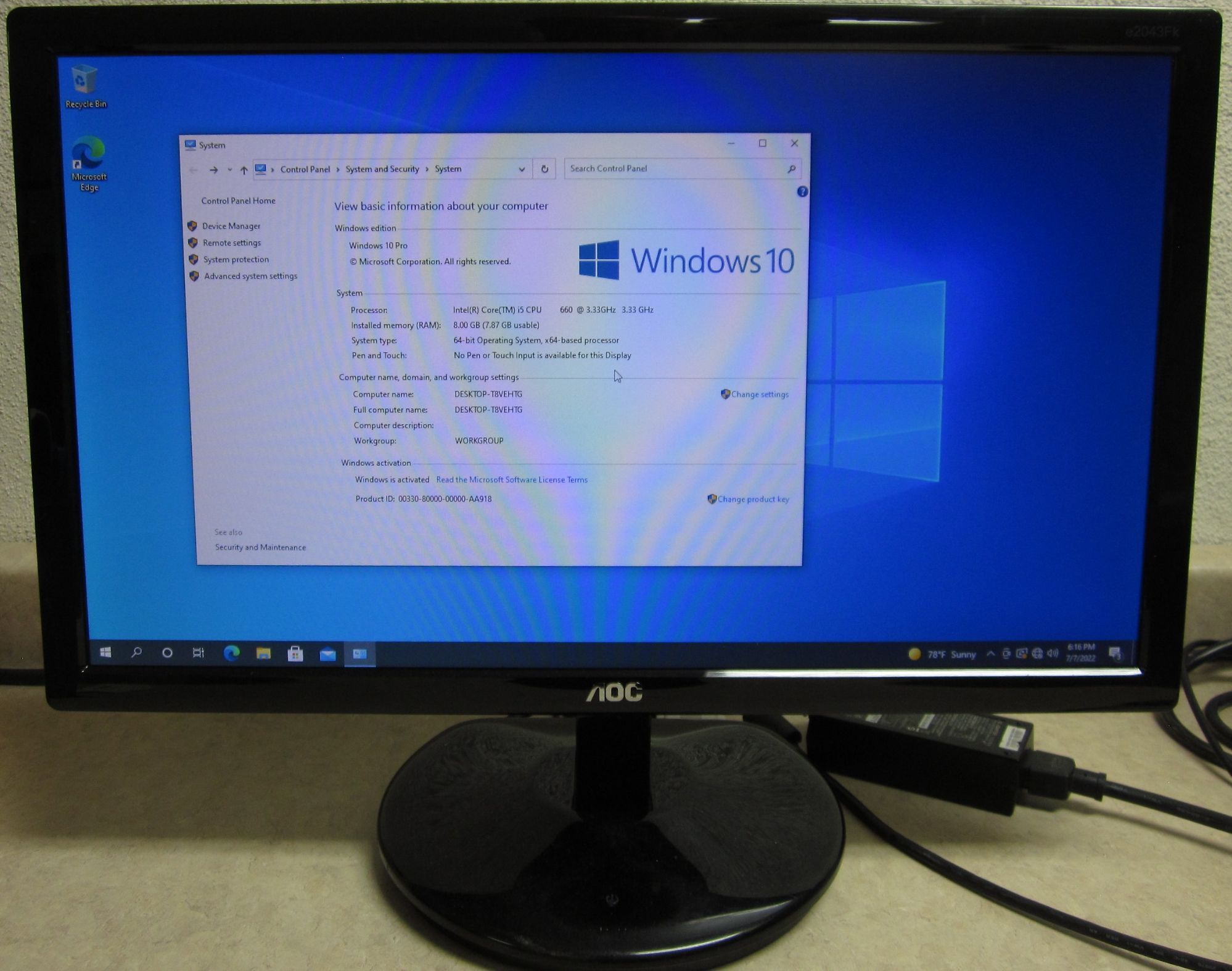 LED Computer Monitor - AOC e2043Fk - 20 inch